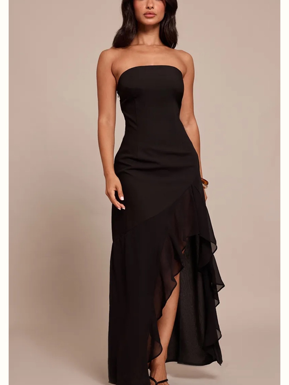 PrettyLittleThing Black Strapless Ruffle-Hem Maxi Dress